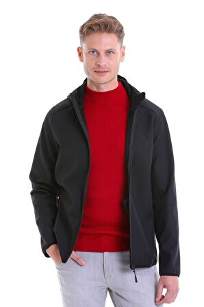 Siyah Su ve Rüzgar Geçirmez Kapüşonlu Softshell Mont | S