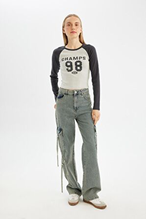 DeFacto Antrasit Coool Fitted Bisiklet Yaka Fitilli Kaşkorse Baskılı Uzun Kollu Tişört C7926AX24AUAR191