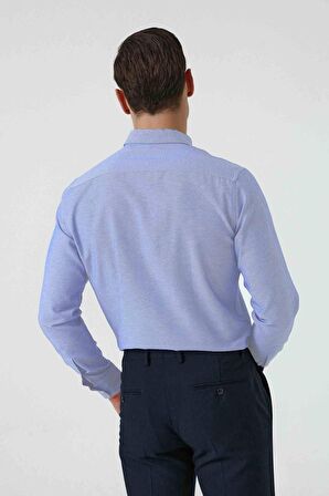 Slim Fit Mavi Armürlü Düğmeli Yaka Pamuklu Gömlek 5HC02ORT07265