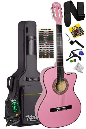 Midex CG-390PK-XBAG Pembe Renk Klasik Gitar 4/4 Sap Ayarlı Kesik Kasa (Çanta Tuner Askı Capo Metod Pena)