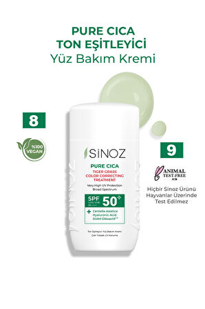 Sinoz Spf50 Pure Cica Anında Ton Eşitleyici Yüz Bakım Kremi - Yeni Nesil Mineral Güneş Filtresi