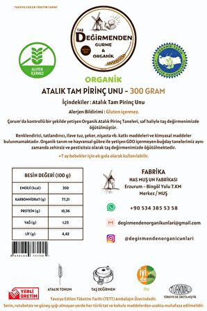 Organik Atalık Tam Pirinç Unu (Gluten İçermez) - 300 Gram