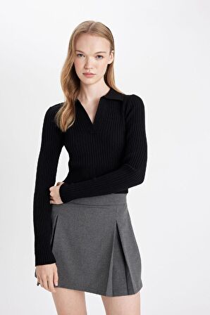 DeFacto Coool Slim Fit Dar Kesim Polo Yaka Crop Triko Kazak X4929AZ24AUBK56