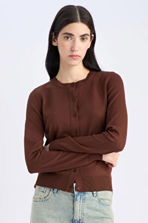 Regular Fit Bisiklet Yaka Basic Düz Triko Hırka