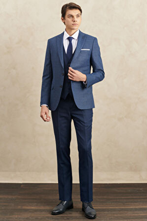 Erkek Lacivert Slim Fit Dar Kesim Kırlangıç Yaka Armürlü Yelekli Klasik Takım Elbise