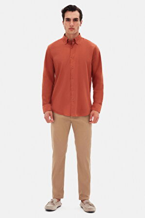 Ds Damat Comfort Kiremit Düğmeli Yaka Rahat Kesim Keten Görünümlü %100 Pamuk Gömlek