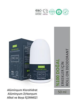 INCIA %100 Doğal Roll On Deodorant Erkekler İçin Ter Kokusu Önleyici Leke Yapmayan 50 ml