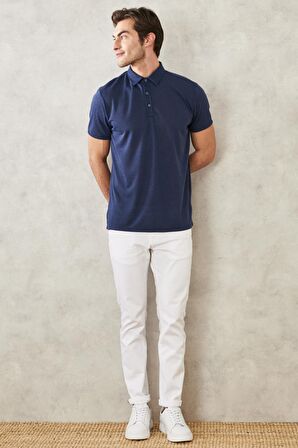 Erkek Lacivert Slim Fit Dar Kesim Polo Yaka Düz Casual Tişört