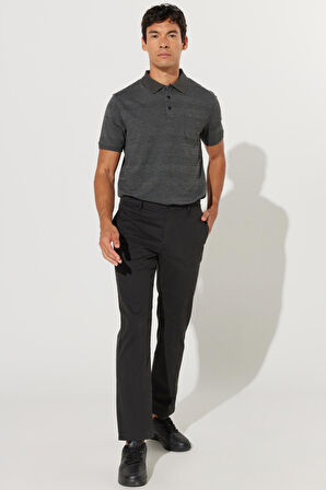 Erkek Siyah Comfort Fit Rahat Kesim Pamuklu Diyagonal Desenli Esnek Pantolon