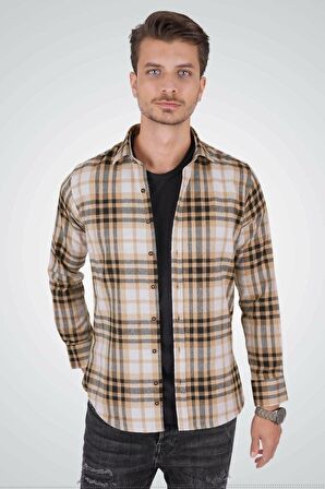 Beyaz Açık Kahve Çizgili Slimfit Oduncu Gömlek