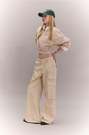 DeFacto Coool Basic Düz Wide Leg Geniş Bol Paça Pantolon Gabardin Kumaş Kargo Cepli C3890AX24SPBG702