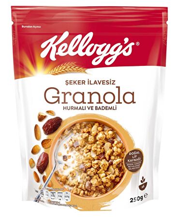 KELLOGG'S ŞEKER İLAVESİZ GRANOLA HURMALI VE BADEMLİ 250 GRAM,%43 YULAF İÇERİR, LİF KAYNAĞI