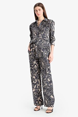 Wide Leg Desenli Kumaş Pantolon Yüksek Bel Geniş Paça