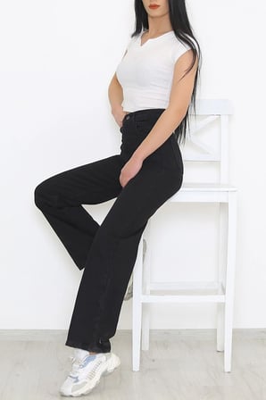Power Likralı Kadın Siyah Yüksek Bel Salaş Paça Denim Kot Pantolon (Tam kalıptır)