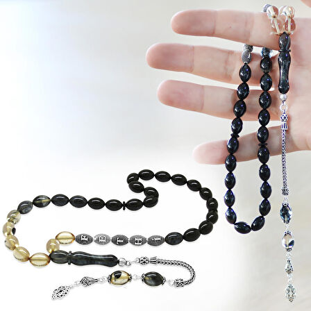 925 Ayar Gümüş Püsküllü Arpa Kesim Gümüş İsim Yazılı Süzme Beyaz-Siyah Ateş Kehribar Tesbih