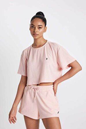 DeFactoFit Cropped Fit Bisiklet Yaka Sporcu Ribana Kısa Kollu Tişört A9916AX24SMPN243