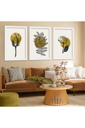 Geyik Soyut Desen Gold Pleksi Kenar Üçlü Mdf Tablo Seti