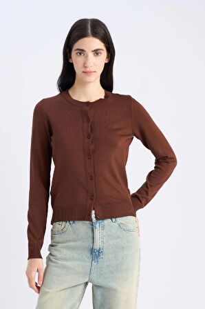Regular Fit Bisiklet Yaka Basic Düz Triko Hırka