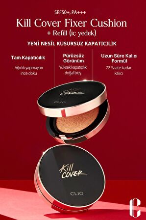 Mat Bitişli Kapatıcılık Sunan Cushion Clio Kill Cover Fixer Cushion+Refill (04 Ginger) SPF50+ PA+++