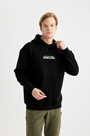 DeFacto Art Hokusai Boxy Fit Kapüşonlu Sırt Baskılı Sweatshirt B0371AX23CWBK81