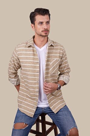 Bej Beyaz Çizgili Oversize Erkek Gömlek