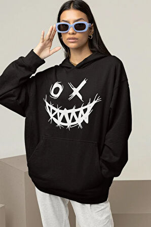 Tasarım Gülen Yüz Baskılı Unisex Oversize Hoodie