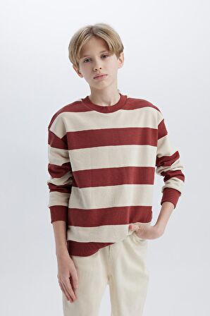 DeFacto Erkek Çocuk Oversize Geniş Kalıp Bisiklet Yaka Çizgili Sweatshirt D5677A824WNER37