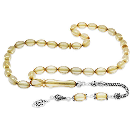 925 Ayar Gümüş Püsküllü Arpa Kesim Şeffaf Beyaz Ateş Kehribar Tesbih