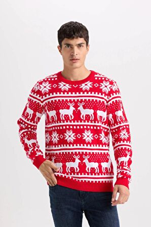 DeFacto Kırmızı Standart Fit Yılbaşı Temalı Bisiklet Yaka Triko Kazak B2356AX24WNRD292