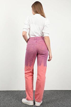 Kadın Düğmeli Boyalı Straight Fit Jean Pantolon Pembe