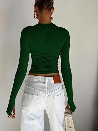 Yeşil Bisiklet Yaka Bluz Darkalıp Ribana Kumaş Parmak Detaylı Basic Body