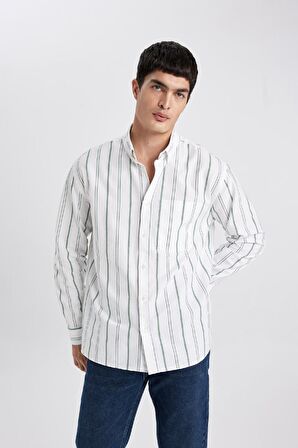 DeFacto Relax Fit Polo Yaka Çizgili Oxford Uzun Kollu Gömlek B3679AX24SPGN900