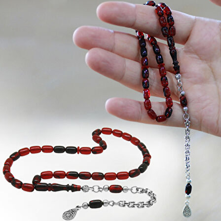 Kararmaz Metal Arnavut Püsküllü Kapsül Kesim Kırmızı-Siyah Bilek Boy Ateş Kehribar Tesbih