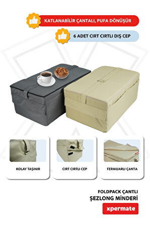 XPERMATE Katlanır Şezlong Minderi Fermuarlı Çantalı Cepli FoldPack 30x60x35cm Bej 