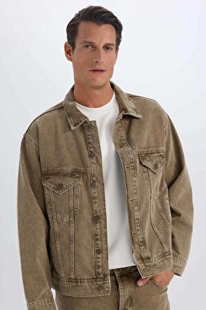Oversize Fit Geniş Kalıp Polo Yaka Düğme Kapamalı Cepli Yıkamalı Jean Ceket