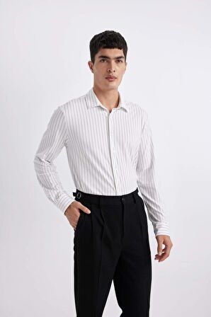 DeFacto Slim Fit Dar Kesim Polo Yaka Çizgili Uzun Kollu Gömlek B6487AX24SPWT34