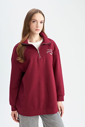 Regular Fit Fermuarlı Dik Yaka Baskılı İçi Yumuşak Tüylü Kalın Kumaş Sweatshirt Tunik