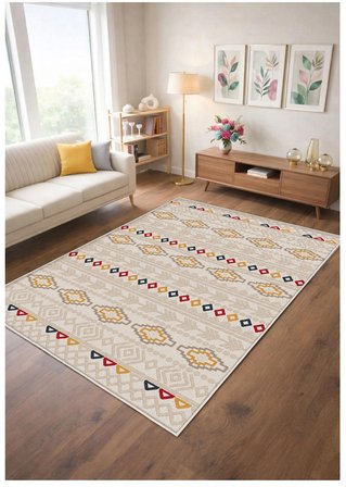 Krem Dijital Baskı Halı Kaymaz Tabanlı Yıkanabilir Halı Yolluk Salon Halısı 1780
