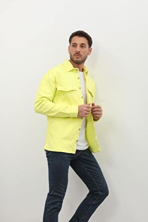 Erkek Oversize Jean Gömlek Neon Yeşil