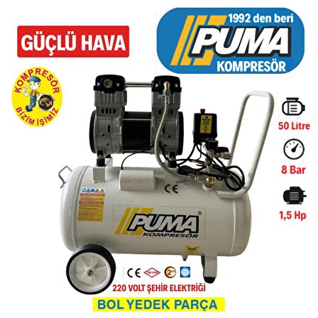 SESSİZ YAĞSIZ PİSTONLU KOMPRESÖR - 50 Lt - 1.5 HP - 8 Bar - Hava Üretimi: 200 Lt/dk. - 220 Volt