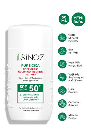 Sinoz Spf50 Pure Cica Anında Ton Eşitleyici Yüz Bakım Kremi - Yeni Nesil Mineral Güneş Filtresi