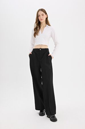 DeFacto Klasik Pantolon Wide Leg Geniş Bol Paça Fleto Cepli Yüksek Bel Standart Boy Basic Düz D8150AX24AUBK81
