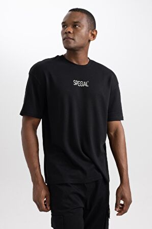 DeFacto Comfort Regular Fit Rahat Kalıp Bisiklet Yaka Baskılı Kısa Kollu Ağır Kumaş Tişört A6394AX23AUBK81