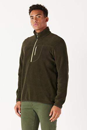 Erkek Haki Standart Fit Normal Kesim Fermuarlı Bato Yaka Isı Koruyan Polar Sweatshirt