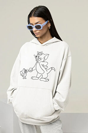 Çizgi Film Tom ve Jerry Baskılı Unisex Oversize Hoodie