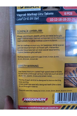 Ahşap Delme Ucu Tahta Sunta Plastik Alçıpan Delme Ucu Yaprak Matkap Ucu Takımı Bits Uç 6'lı Set