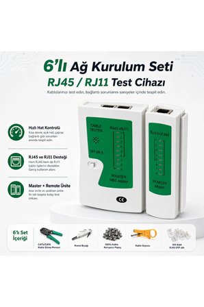 6lı Ağ Kurulum Seti - CAT5 CAT6 Kablo Sıkma Pensesi, RJ45 RJ11 Test Cihazı, Krone Bıçağı, Kablo Soyucu, 100 Adet RJ45 CAT5/6 UTP Jak Konnektör ve 100lü Kablo Koruyucu Jak Papucu
