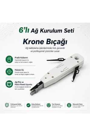 6lı Ağ Kurulum Seti - CAT5 CAT6 Kablo Sıkma Pensesi, RJ45 RJ11 Test Cihazı, Krone Bıçağı, Kablo Soyucu, 100 Adet RJ45 CAT5/6 UTP Jak Konnektör ve 100lü Kablo Koruyucu Jak Papucu