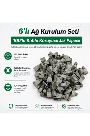 6lı Ağ Kurulum Seti - CAT5 CAT6 Kablo Sıkma Pensesi, RJ45 RJ11 Test Cihazı, Krone Bıçağı, Kablo Soyucu, 100 Adet RJ45 CAT5/6 UTP Jak Konnektör ve 100lü Kablo Koruyucu Jak Papucu