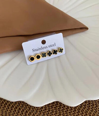 Çelik 6 Lı Yonca Set Küpe Siyah